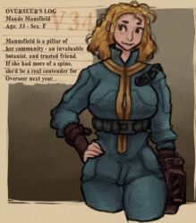  belt big_breasts black_eyes blonde_hair bodysuit breasts clothing curled_tail fallout fan_character female hair hand_on_hip huge_breasts human human_only jumpsuit lore mammal mature_female md34 medium_hair microsoft not_furry pale_skin pip-boy skinsuit smile solo tail technology tight_clothing vault_suit wardrobe_malfunction wide_hips 