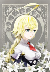  absurdres ahoge bana_(stand_flower) belt black_legwear blazblue blonde_hair blue_eyes braid braided_ponytail breasts buttons center_frills closed_mouth crescent es_(xblaze) expressionless female flower frills from_side hair_between_eyes highres huge_ahoge large_breasts lips looking_at_viewer necktie petticoat red_necktie simple_background single_braid solo underbust upper_body white_background xblaze xblaze_code:_embryo 