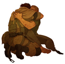  2boys amputee arms_around_neck bag barefoot blonde_hair boots brown_hair comforting commentary_request gun handgun holster holstered hug injury katou_setsuko kazuhira_miller kneeling male_focus metal_gear_(series) metal_gear_solid_v:_the_phantom_pain multiple_boys scar scar_on_arm short_hair short_sleeves simple_background sitting sunglasses venom_snake weapon white_background yaoi 