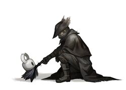  1boy 1other bloodborne boots cape commentary crossover gloves hat highres hollow_knight horns hunter_(bloodborne) knight_(hollow_knight) male_focus scarf short_hair size_difference torn_cape torn_clothes valdotpng 