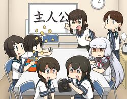  6+girls black_eyes black_hair black_sailor_collar black_skirt blue_sailor_collar blue_skirt blunt_bangs braid brown_eyes brown_hair camera cellphone chair chips_(food) clock commentary_request electric_kettle food fubuki_(kancolle) fubuki_kai_ni_(kancolle) gloves grey_hair hair_over_shoulder hair_ribbon hamu_koutarou hatsuyuki_(kancolle) headgear highres isonami_(kancolle) kantai_collection kettle long_hair low_ponytail low_twintails miyuki_(kancolle) multiple_girls murakumo_(kancolle) murakumo_kai_ni_(kancolle) necktie orange_eyes parted_bangs phone pleated_skirt ponytail potato_chips red_necktie ribbon sailor_collar school_uniform serafuku shirayuki_(kancolle) short_eyebrows short_hair short_ponytail short_twintails sidelocks single_braid sitting skirt table translated tress_ribbon twintails uranami_(kancolle) wavy_hair white_gloves whiteboard 