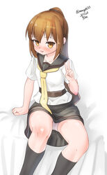  absurdres belt black_skirt black_socks blush brown_eyes brown_hair dated female fumizuki_(kancolle) hair_between_eyes highres kantai_collection kneehighs long_hair looking_at_viewer maru_(marg0613) neckerchief necktie on_bed panties pantyshot ponytail shirt sitting skirt socks solo twitter_username underwear v white_background white_panties white_shirt yellow_necktie 