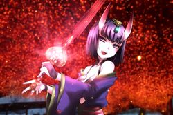  bare_shoulders bob_cut breasts commentary_request fate/grand_order fate_(series) female genya_(genya67) glowing highres holding holding_sword holding_weapon horns japanese_clothes kimono looking_at_viewer oni open_clothes open_kimono open_mouth purple_eyes purple_hair purple_kimono qisha_tianling red_dragon revealing_clothes short_hair shuten_douji_(fate) skin-covered_horns small_breasts smile sword thunderbolt_fantasy voice_actor_connection weapon yuuki_aoi 