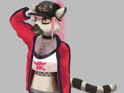  4:3 alexandliberty alternate_species anthro black_clothing black_hat black_headwear breasts chains clothed clothing female fur furrification grey_body grey_fur hair hat headgear headwear hi_res hololive hololive_en jacket lemur long_hair mammal mori_calliope orange_eyes pink_eyes pink_hair primate red_clothing red_jacket red_topwear ring-tailed_lemur solo strepsirrhine topwear vtuber white_clothing white_topwear 