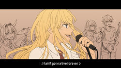  2boys 2girls anastasia_(fate) blonde_hair bon_jovi bracelet caenis_(fate) drum drum_set drumsticks earrings electric_guitar fate/grand_order fate_(series) grey_eyes guitar instrument it&#039;s_my_life jewelry kadoc_zemlupus kirschtaria_wodime letterboxed long_hair lyrics microphone multiple_boys multiple_girls music necktie protected_link singing sweat tsengyun 