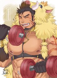  1boy abs animal_hood bad_id bad_twitter_id bara bare_pectorals between_pectorals blue_eyes boar_boy boar_hood body_fur brown_hair chest_harness closed_eyes collar exercising facial_hair facing_viewer forked_eyebrows goatee gradient_hair gullinbursti_(housamo) harness hood inactive_account large_pectorals long_sideburns male_focus multicolored_hair muscular muscular_male nipples oerba_yun_fang pectorals rensuke_akatsuki revealing_clothes short_hair sideburns smile solo spiked_hair stomach sweat tokyo_afterschool_summoners upper_body weightlifting 