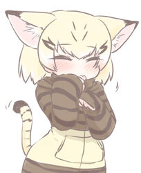  animal_ears blonde_hair blush cat_ears cat_girl cat_tail closed_eyes cosplay cowboy_shot female hood hoodie kemono_friends licking licking_finger multicolored_hair print_hoodie sand_cat_(kemono_friends) short_hair snake_print solo tail tsuchinoko_(kemono_friends) tsuchinoko_(kemono_friends)_(cosplay) uho_(uhoyoshi-o) 