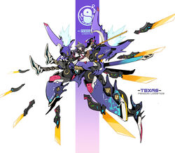  absurdres animal_ear_fluff animal_ears arknights belt black_gloves black_hair character_name chinese_commentary commentary_request female fingerless_gloves full_body gloves highres holding holding_sword holding_weapon jacket long_hair long_sleeves looking_at_viewer mecha multiple_swords multiple_weapons outstretched_arm penguin_logistics_logo photoshop_(medium) pointing_weapon purple_theme robot shinnasuka025 sitting sword texas_(arknights) weapon white_background white_jacket wolf_ears 