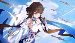  absurdres bare_shoulders blue_sky breasts brown_eyes brown_hair chinese_clothes cleavage cleavage_cutout closed_mouth clothing_cutout cloud cloudy_sky elbow_gloves female fingerless_gloves gloves hair_ornament highres holding holding_sword holding_weapon honkai_(series) honkai_impact_3rd li_sushang li_sushang_(jade_knight) long_hair looking_at_viewer ooo_wange sky sleeveless solo sword weapon white_gloves 