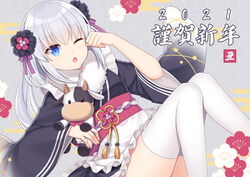  2021 ;o apron black_kimono blue_eyes chinese_zodiac commentary_request egasumi feet_out_of_frame female floral_background frilled_apron frills grey_background hair_between_eyes hair_ornament hitsuki_rei japanese_clothes kimono knees_together_feet_apart long_hair long_sleeves looking_at_viewer maid obi one_eye_closed open_mouth sash snowdreams_-lost_in_winter- solo stuffed_cow thighhighs translated very_long_hair wa_maid waist_apron white_apron white_hair white_thighhighs wide_sleeves xue_jian year_of_the_ox 