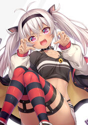  :d absurdres antenna_hair black_hairband black_jacket black_shirt blush boots claw_pose commentary_request convenient_leg crop_top dark-skinned_female dark_skin fangs feet_out_of_frame female grey_background hair_between_eyes hairband hands_up highres jacket long_hair long_sleeves looking_at_viewer matsukai_mao midriff navel nijisanji off_shoulder open_clothes open_jacket puffy_long_sleeves puffy_sleeves purple_eyes shirt short_shorts shorts skirt smile solo striped_clothes striped_thighhighs thighhighs thighhighs_under_boots twintails two-tone_background virtual_youtuber wakagi_repa white_background white_footwear white_hair white_skirt 