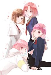  4girls absurdres brown_eyes brown_hair copyright_name habataki_academy_school_uniform hanegasaki_academy_school_uniform heart highres in-franchise_crossover kinami_mochiko looking_at_viewer multiple_girls pink_eyes pink_hair protagonist_(tokimemo_gs) protagonist_(tokimemo_gs2) protagonist_(tokimemo_gs3) protagonist_(tokimemo_gs4) school_uniform serafuku short_hair simple_background smile tokimeki_memorial tokimeki_memorial_girl&#039;s_side tokimeki_memorial_girl&#039;s_side_2nd_kiss tokimeki_memorial_girl&#039;s_side_3rd_story tokimeki_memorial_girl&#039;s_side_4th_heart white_background 