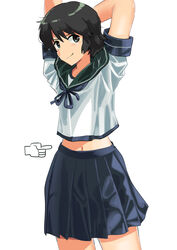  absurdres arms_behind_back black_hair blue_neckerchief blue_sailor_collar blue_skirt commentary_request cowboy_shot cursor female green_eyes haida_katsuretsu highres kantai_collection looking_at_viewer midriff miyuki_(kancolle) navel neckerchief pleated_skirt sailor_collar school_uniform serafuku short_hair simple_background skirt solo standing white_background 