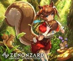  acorn_hair_ornament animal_ears belt blue_eyes day female forest leaf muraicchi_(momocchi) mushroom nature nut_(food) outdoors smile solo squirrel squirrel_ears squirrel_girl squirrel_tail standing sunlight tail thighhighs twintails zenonzard 