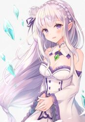  bare_shoulders blush braid breasts cleavage cleavage_cutout clothing_cutout commentary crown_braid emilia_(re:zero) female flower gem glint hair_flower hair_ornament hair_ribbon highres light_purple_hair long_hair looking_at_viewer low-tied_long_hair medium_breasts open_mouth pointy_ears purple_eyes purple_ribbon re:zero_kara_hajimeru_isekai_seikatsu ribbon sakura_ani shoulder_cutout solo white_flower x_hair_ornament 