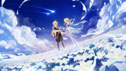  1boy aether_(genshin_impact) ahoge bare_shoulders blonde_hair braid brother_and_sister cloud cloudy_sky detached_sleeves dress earrings female field flower flower_field genshin_impact hair_flower hair_ornament highres inteyvat_flower_(genshin_impact) jewelry lumine_(genshin_impact) official_art official_wallpaper scarf shooting_star short_hair_with_long_locks short_sleeves siblings single_braid single_earring sky white_dress white_legwear white_scarf yellow_eyes 