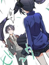  ! !! 1boy accidental_exposure accidental_pervert black_hair blazer blue_eyes blue_hair clothes_lift earrings female genshin_impact hair_ornament jacket jewelry long_sleeves mona_(genshin_impact) necktie pants pleated_skirt rome_romedo scaramouche_(genshin_impact) school_uniform skirt skirt_lift standing star_(symbol) star_earrings star_hair_ornament thought_bubble track_jacket twintails wind wind_lift 