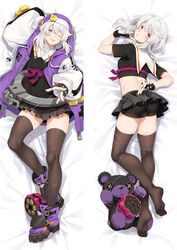  1boy :o ass bed_sheet bike_shorts black_shirt black_shorts black_skirt bridget colored_eyelashes dakimakura_(medium) fingerless_gloves gloves guilty_gear guilty_gear_strive hood hood_up jacket looking_at_viewer looking_back lying male_focus medium_hair moeanime multicolored_clothes multicolored_jacket multiple_views on_back on_stomach otoko_no_ko purple_jacket red_eyes sailor_collar shirt short_sleeves shorts sidelocks skirt smile thighhighs white_eyeshadow white_hair white_jacket yo-yo 