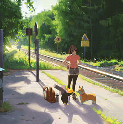  absurdres bird brown_hair canine female hat highres original outdoors penguin ponytail railroad_tracks scenery sign snatti summer top_hat train_station_platform tree welsh_corgi 