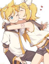  1boy arm_warmers arms_around_back bare_shoulders belt black_sailor_collar black_shorts blonde_hair blue_eyes bow closed_eyes commentary cowboy_shot crop_top female hair_ornament hairbow hairclip headphones heart highres incest kagamine_len kagamine_rin kissing kissing_cheek kissing_eye looking_at_viewer m0ti midriff nail_polish navel neckerchief necktie one_eye_closed sailor_collar school_uniform see-through see-through_sleeves shirt short_hair short_ponytail short_shorts short_sleeves shorts shoulder_tattoo smile spiked_hair swept_bangs tattoo vocaloid white_background white_bow white_shirt yellow_nails yellow_neckerchief yellow_necktie 