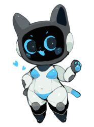  anthro anthrofied bellabot biped black_body blue_body blue_eyes chibi domestic_cat felid feline felis full-length_portrait heart_symbol machine mammal pawpads portrait pudu_robotics robot screen screen_face short_stack simple_background smile solo star-rod wave whiskers white_background white_body 