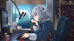  advarcher animal_hood blonde_hair bloop_(gawr_gura) blue_eyes blue_hair blue_hoodie blunt_bangs brand_name_imitation bubba_(watson_amelia) chair commentary computer_keyboard death-sensei_(mori_calliope) dr_pepper english_commentary female fins fish_tail fubuzilla_(shirakami_fubuki) gawr_gura gawr_gura_(1st_costume) grey_hair hair_ornament hat highres hololive hololive_english hood hoodie indoors instrument kotori_(takanashi_kiara) lofi_girl_(youtube) long_sleeves medium_hair microphone monitor multicolored_hair natsukawa_kuina office_chair open_mouth parody photo_(object) pop_filter room shark_girl shark_hair_ornament shark_hood shark_tail short_hair solo streaked_hair swivel_chair tail takodachi_(ninomae_ina&#039;nis) two_side_up ukulele virtual_youtuber watson_amelia wide_sleeves window window_blinds 