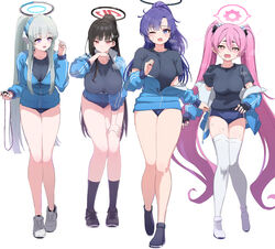  4girls :o absurdres alternate_costume ass_visible_through_thighs bare_legs black_footwear black_hair black_shirt black_socks blue_archive blue_buruma blue_eyes blue_jacket blunt_bangs blunt_ends blush breasts bright_pupils buruma collarbone drooling fingerless_gloves full_body gears gloves gym_uniform hair_between_eyes halo hand_on_own_thigh high_ponytail highres jacket jogging kneehighs knees_together_feet_apart koyuki_(blue_archive) large_breasts leaning_forward light_green_hair lineup long_bangs long_hair long_sleeves looking_at_viewer mechanical_halo medium_breasts multiple_girls noa_(blue_archive) one_eye_closed open_clothes open_jacket open_mouth partially_unzipped pink_eyes pizzasi ponytail purple_eyes purple_hair red_eyes rio_(blue_archive) shirt shoes short_eyebrows short_sleeves sidelocks simple_background smile sneakers socks standing star-shaped_pupils star_(symbol) stopwatch straight-on striped_clothes striped_jacket sweat sweatdrop symbol-shaped_pupils thick_eyebrows thigh_gap thighhighs thighs track_jacket twintails vertical-striped_clothes vertical-striped_jacket very_long_hair white_background yuuka_(blue_archive) yuuka_(track)_(blue_archive) zipper_pull_tab 