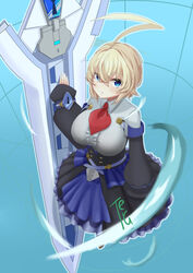  absurdres ahoge blazblue blonde_hair blue_background blue_eyes blue_skirt breasts closed_mouth commentary_request es_(xblaze) female full_body highres huge_ahoge large_breasts long_sleeves looking_at_viewer signature skirt smile solo sword teru_(te87024871) weapon 