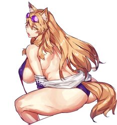  animal_ears ass bikini breasts brown_eyes brown_hair eyewear_on_head fate/extra fate/extra_ccc fate/extra_ccc_fox_tail fate/grand_order fate_(series) female fox_ears fox_tail from_behind large_breasts long_hair melon22 sideboob solo sunglasses suzuka_gozen_(fate) suzuka_gozen_(heavenly_demon_princess)_(fate) swimsuit tail untied_bikini 