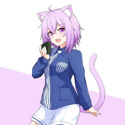  ahoge alternate_costume animal_ear_fluff animal_ears cat_ears cat_girl cat_tail felutiahime female food hair_between_eyes highres hololive lawson looking_at_viewer nekomata_okayu oerba_yun_fang onigiri open_mouth pink_background purple_eyes purple_hair short_hair shorts simple_background solo tail two-tone_background uniform virtual_youtuber white_background 