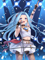  ahoge arm_up belt black_choker black_gloves blue_eyes blue_hair blurry blurry_background blush braid breasts brown_pantyhose choker cowboy_shot depth_of_field earrings female fingerless_gloves forehead gloves granblue_fantasy heart heart_earrings highres index_finger_raised jewelry long_hair lyria_(born_to_be_snowdos)_(granblue_fantasy) lyria_(granblue_fantasy) microphone miniskirt navel official_alternate_costume open_mouth pantyhose pointing pointing_up shirt short_sleeves side_braid skirt small_breasts solo stage_lights stomach thigh_strap tied_shirt umiboozu_(uminoyoukai) v-shaped_eyebrows very_long_hair white_shirt white_skirt 