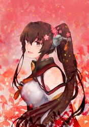  artist_name bad_id bad_twitter_id brown_hair cherry_blossoms commentary_request detached_sleeves female flower hair_flower hair_ornament highres kantai_collection kikumon long_hair looking_at_viewer nidou ponytail red_background red_eyes sleeveless smile solo upper_body yamato_(kancolle) z_flag 