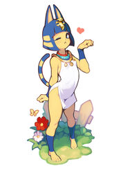  ;&lt; animal_crossing animal_ears ankha_(animal_crossing) ataruman barefoot blue_eyes blue_hair bob_cut bug butterfly commentary_request dress egyptian_clothes english_commentary female flower full_body furry furry_female grass highres looking_at_viewer mixed-language_commentary one_eye_closed paw_pose short_hair simple_background sleeveless sleeveless_dress solo standing striped striped_tail tail toes white_background white_dress 