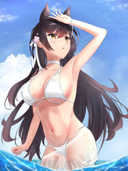  absurdres arm_up atago_(azur_lane) atago_(summer_march)_(azur_lane) azur_lane bad_id bad_pixiv_id bikini black_hair breasts choker commentary cowboy_shot female hair_ornament highres long_hair mole mole_under_eye official_alternate_costume outdoors sarong see-through see-through_sarong swimsuit wading water white_bikini yamamoto_warabi yellow_eyes 