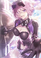  blush breasts chiyuyu_18 cleavage commentary_request elbow_gloves fate/grand_order fate_(series) female gloves hair_over_one_eye highres holding holding_shield large_breasts looking_at_viewer lord_camelot_(fate) mash_kyrielight mash_kyrielight_(ortenaus) open_mouth pink_hair purple_eyes shield short_hair smile solo teeth upper_teeth_only 