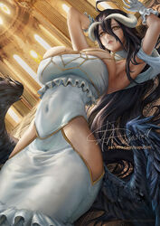  albedo_(overlord) arched_back armpit_crease armpits bare_hips black_hair black_wings breasts bursting_breasts cathedral church clothing_cutout commentary covered_navel demon_girl demon_horns detached_collar dress english_commentary feathered_wings female frilled_dress frilled_gloves frills gloves hair_between_eyes hip_vent horns huge_breasts impossible_clothes impossible_dress indoors large_breasts long_hair looking_at_viewer low_horns low_wings lying off-shoulder_dress off_shoulder on_back orange_eyes overlord_(maruyama) parted_lips signature silk skindentation solo spider_web spider_web_pattern supullim taut_clothes taut_dress teeth very_long_hair watermark web_address white_dress white_gloves white_horns wings 