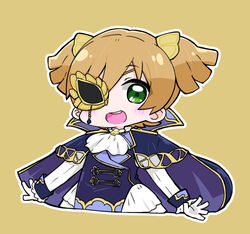  :d ascot blue_cape blue_vest blush brown_background brown_hair cape chibi commentary_request daiba_nana eyebrows_hidden_by_hair eyepatch female gloves green_eyes highres long_sleeves looking_at_viewer nozo_(hitomiz) official_alternate_costume outline purple_cape shirt shoujo_kageki_revue_starlight shoujo_kageki_revue_starlight_-re_live- skirt smile solo teeth twintails upper_teeth_only vest white_ascot white_gloves white_outline white_shirt white_skirt 