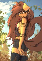  2022 anthro apogee_(tinygaypirate) arm_markings arm_tattoo arm_tuft ass bandana big_tail black_nose bottomwear breasts brown_body brown_eyes brown_fur brown_hair canid canine canis chest_markings chest_tattoo clothing cloud cowlick curled_tail cutoffs day denim denim_bottomwear denim_clothing domestic_dog ear_piercing eyebrow_through_hair eyebrows facial_markings facial_tattoo female floppy_ears fur gauged_ear hair head_markings hi_res kerchief leaf legwear long_hair looking_at_viewer low-angle_view mammal markings mottled mottled_nose open_mouth outside pattern_bandanna pattern_kerchief piercing pink_nose plaid_bandanna plaid_kerchief plant portrait print_clothing print_shirt print_topwear shirt shorts side_boob sky slim solo spitz standing tail tattoo thigh_highs three-quarter_portrait tinygaypirate topwear translucent translucent_hair tree tuft wrist_tuft 