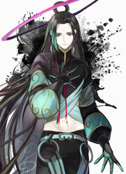  1boy :| bad_id bad_twitter_id black_hair black_pants blue_eyes chinese_clothes closed_mouth commentary_request crop_top earrings expressionless eyeshadow fate/grand_order fate_(series) feet_out_of_frame gloves grey_background grey_hair halo hand_on_own_chest highres jewelry kou_(184756o) long_hair long_sleeves looking_away makeup male_focus multicolored_eyes multicolored_hair navel paint_splatter pale_skin pants parted_bangs red_eyes red_eyeshadow red_ribbon ribbon simple_background solo taisui_xingjun_(fate) 