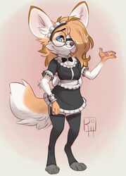  2021 4_fingers 4_toes anthro blue_eyes breasts canid canine clothed clothing digital_media_(artwork) eyewear feet female fennec_fox fingers fox fur glasses hi_res maid_uniform mammal multicolored_body multicolored_fur oasis_(vapour_oasis) reign-2004 simple_background smile solo toes true_fox uniform 