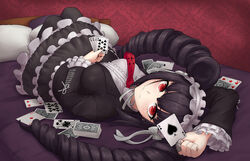  ace_(playing_card) ace_of_clubs ace_of_diamonds ace_of_spades bad_id bad_pixiv_id black_hair black_nails black_pantyhose blush bonnet breasts card celestia_ludenberg claw_ring club_(shape) commentary_request danganronpa:_trigger_happy_havoc danganronpa_(series) diamond_(shape) drill_hair female four_of_diamonds frills gothic_lolita hairband highres holding jack_(playing_card) jack_of_spades jjilbabmaen king_(playing_card) king_of_clubs king_of_spades korean_commentary large_breasts lolita_fashion long_hair long_sleeves looking_at_viewer lying nail_polish necktie on_bed pantyhose photoshop_(medium) pillow playing_card queen_(playing_card) queen_of_spades red_eyes red_necktie six_of_hearts smile solo spade_(shape) ten_of_clubs ten_of_spades twin_drills twintails 