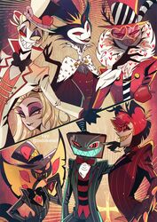  4_eyes alastor_(hazbin_hotel) anthro avian bird bow_tie clothed clothing cobra crown demon fangs female group hat hazbin_hotel headgear headwear helluva_boss hi_res humanoid lucifer_(hazbin_hotel) male multi_eye owl red_eyes reptile scalie sir_pentious_(hazbin_hotel) snake stolas_(helluva_boss) teeth todoketai1 valentino_(hazbin_hotel) vox_(hazbin_hotel) white_face 