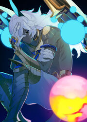  1boy arjuna_(fate) arjuna_alter_(fate) armor black_eyes collar dark-skinned_male dark_skin fate/grand_order fate_(series) gloves glowing glowing_weapon hair_between_eyes hand_on_own_head hand_up highres holding horns jewelry long_hair looking_at_viewer male_focus necklace orb pants rozu_ki simple_background sitting solo tail topless_male vambraces weapon white_hair 