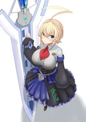  absurdres ahoge blazblue blonde_hair blue_eyes blue_skirt breasts closed_mouth commentary_request es_(xblaze) female full_body highres huge_ahoge large_breasts long_sleeves looking_at_viewer signature simple_background skirt smile solo sword teru_(te87024871) weapon white_background 