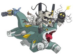  ambiguous_gender bandai_namco bomb bombermon digimon digimon_(species) duo explosives feral fuse green_body horn humanoid portugueselynx quadruped riding sharp_teeth simple_background teeth tongue wezengammamon white_background yellow_eyes 