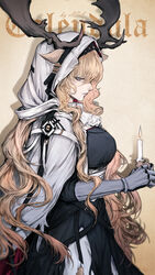  animal_ears antlers antlers_through_headwear arknights artist_name asa_moi belt black_dress blonde_hair blue_eyes breasts candle cape check_commentary commentary commentary_request cowboy_shot dress female from_side gauntlets highres hood hooded_cape horns large_breasts long_hair looking_at_viewer profile simple_background smile solo very_long_hair viviana_(arknights) white_cape yellow_background 