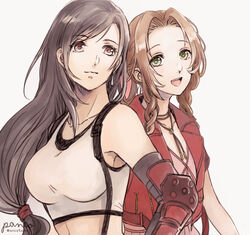  2girls :d aerith_gainsborough ancotsubu artist_name black_sports_bra breasts brown_hair closed_mouth collarbone crop_top dangle_earrings earrings elbow_pads final_fantasy final_fantasy_vii final_fantasy_vii_remake green_eyes jacket jewelry large_breasts long_hair looking_at_viewer looking_away low-tied_long_hair multiple_girls open_mouth parted_hair red_eyes red_jacket shirt smile sports_bra suspenders swept_bangs tank_top teeth tifa_lockhart twitter_username underwear upper_body upper_teeth_only white_shirt white_tank_top 