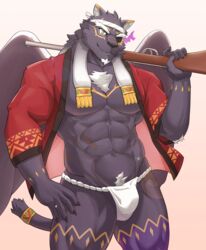  1boy abs absurdres alternate_costume animal_ears bara bulge facial_hair feathered_wings feet_out_of_frame fundoshi furry furry_male goatee gun hachimaki happi head_tilt headband highres holding holding_gun holding_weapon jaguar_boy jaguar_ears jaguar_tail japanese_clothes large_pectorals long_hair male_focus mature_male muscular muscular_male navel navel_hair nejiri_hachimaki nipples no_pants official_alternate_costume one_eye_covered over_shoulder pectoral_cleavage pectorals smile solo stomach tail tezcatlipoca_(housamo) thick_eyebrows thick_thighs thighs tokyo_afterschool_summoners uiokv weapon weapon_over_shoulder wings 