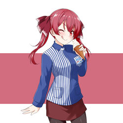  badge black_pantyhose breasts closed_mouth felutiahime female food hair_ornament highres hololive houshou_marine ice_cream ice_cream_cone lawson long_hair looking_at_viewer medium_breasts official_alternate_costume one_eye_closed pantyhose red_background red_eyes red_hair red_skirt simple_background skirt solo striped tongue tongue_out twintails two-tone_background two_side_up uniform vertical_stripes virtual_youtuber white_background 