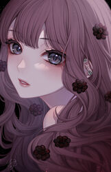  bare_shoulders black_background blue_eyes brown_flower commentary cosmos_(flower) ear_piercing earrings eyelashes female flower flower_earrings hair_flower hair_ornament highres jewelry light_particles linked_piercing lipstick long_hair looking_at_viewer makeup original parted_lips piercing portrait purple_hair saijou_yurika signature simple_background solo 